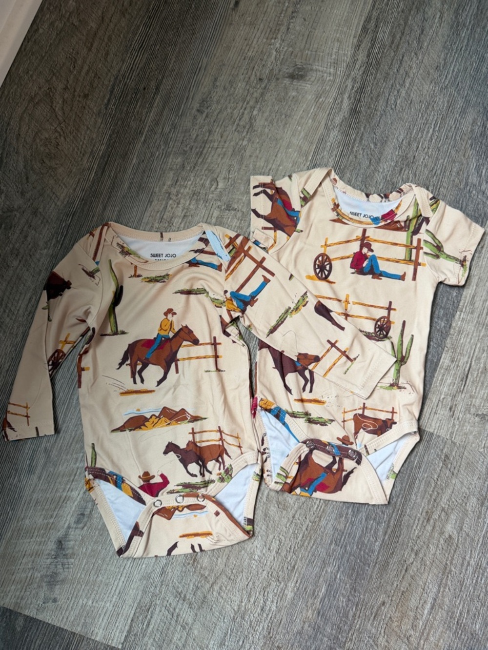 Sweet Jojo Beige Western Cowboy Print Baby Bodysuit